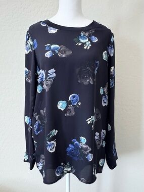 Thakoon Navy Floral Long Sleeve Blouse Top